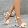 Heels for Ladies Apricot Square Toe Floral Decor Ankle Straps Fashion Sandals Thin High Heeled Party Dress Shoes Elegant Size 35