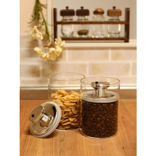 Airtight Glass Canister, Slim Air Reducer, 900cc, Medium, Silver, F9483