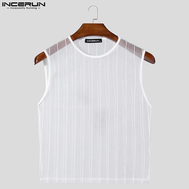 INCERUN Men Sleeveless Fishnet See Through Short Tank Tops Mesh Crop T-shirts