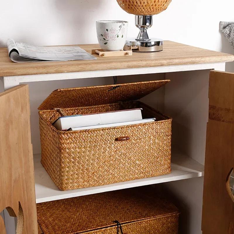 Multi-Purpose Vintage Straw Woven Storage Basket Retro Grass-Braided Container Gift Packaging Box Desktop Living Room Storage