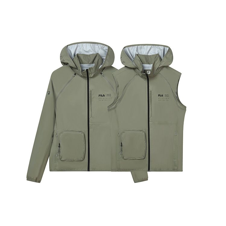 FILA Solid Color Zip Detachable Sports Casual Hooded Jacket Men Jackets Green Khaki A11M211709FLK