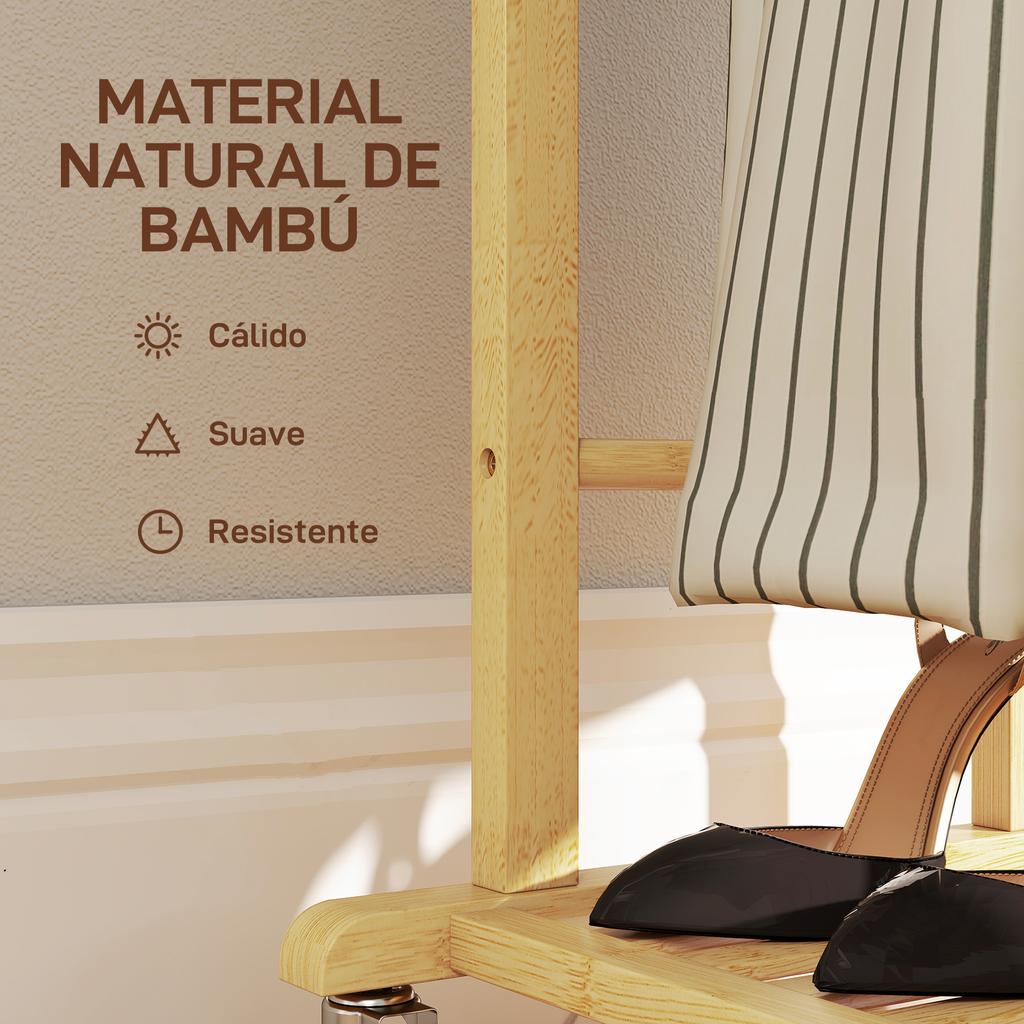 Bamboo Valet Stand with Wheels, Top Hanger, Trouser Bars and Shoe Shelf, Natural & White