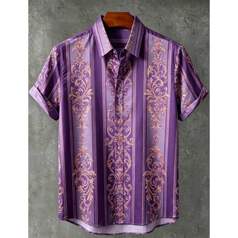 Fresh Forest Vertical Stripe Plant Flower Printed Short Sleeve Shirt for Men's Summer Thin and Loose Hawaiian Vacation Shirt