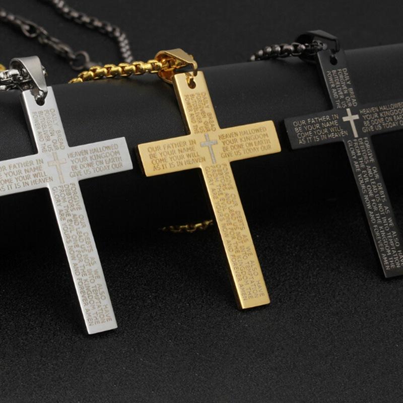 HNSP Cross Chain Necklace Stainless Steel Pendant For Men Catholic Religious Zircon Accessories