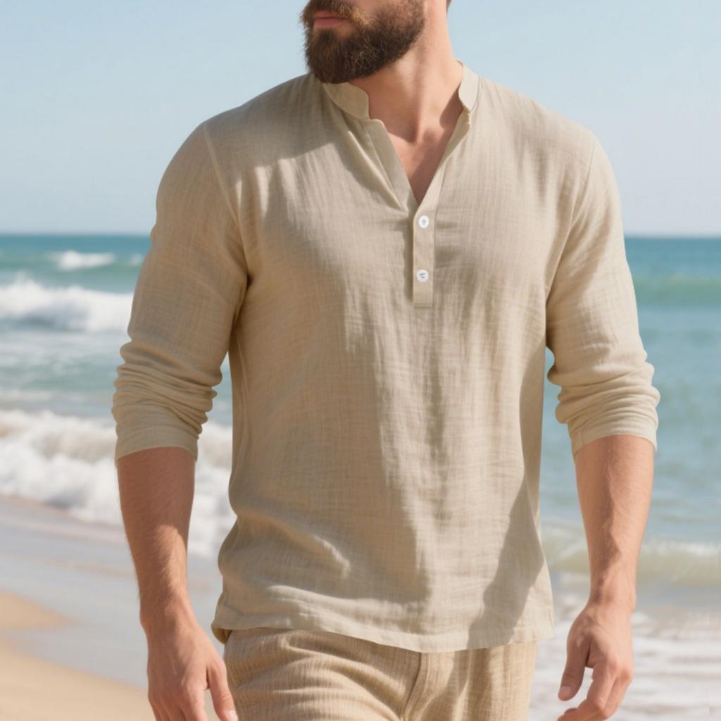 Men's Linen Long-Sleeve T-Shirt - Loose Fit Stand Collar Button Casual Long-Sleeve Top