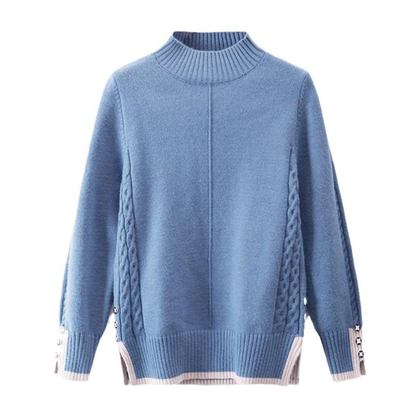 Half High Neck Sweater Split Hem Design Women's Knitted Pullover Casual Solid Color Sweater Harajuku Commuting Autumn and Winter