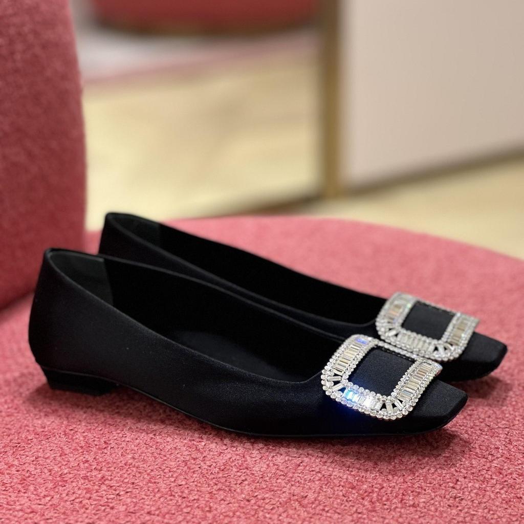 Sheepskin~ Rhinestone square buckle genuine leather shoes, shallow mouth Mary Jane shoes, women's single shoes, French stunning flat-soled soft-sol