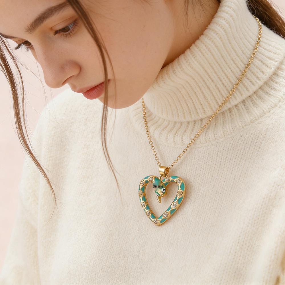 Luxury Copper Snake-Heart Pendant Necklace with Zircon & Glaze