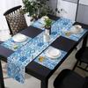 Blue Patchwork Tiles Linen Table Runner Placemats for Table Decoration Mexican Modern Boho Floral Table Runners Mats Party Decor