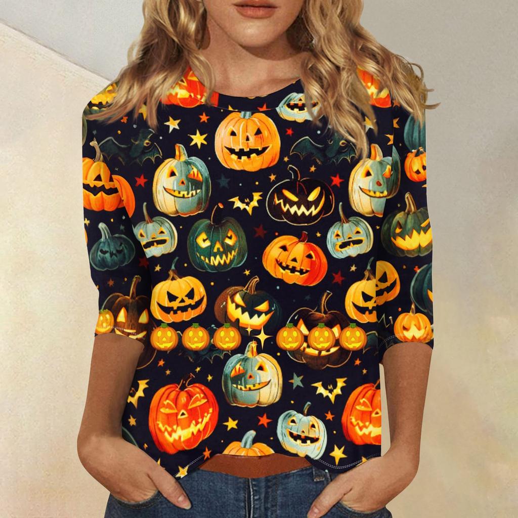 Women's Three Quarter Sleeve Round Neck Halloween Print Blouse Top