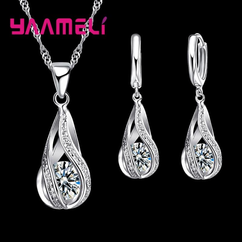 Wassertropfen Zirkonia 925 Silber Plated Schmuckset Für Damen Anhänger Halskette Creolen Hochzeitsparty Zeremonie Ring