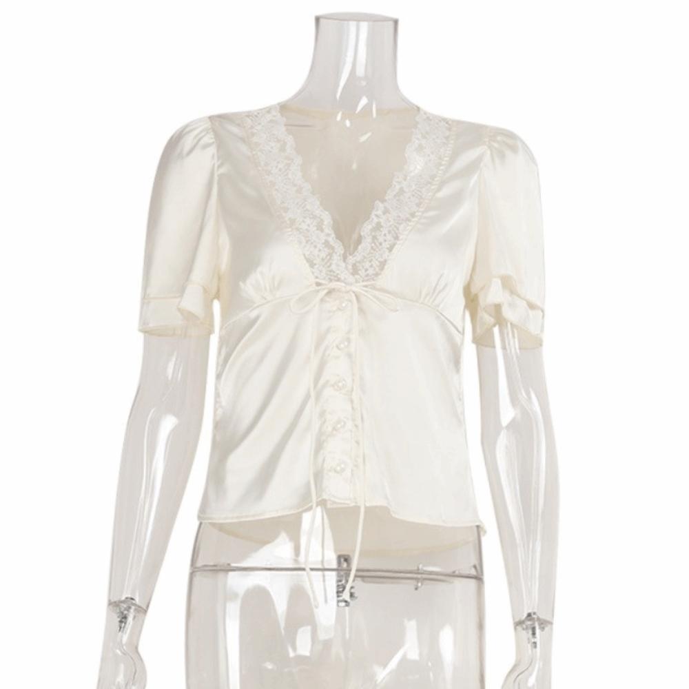 

Solid Color V Neck Sheath Tees Breathable Shirt Blouse Fashion Lace Patchwork Tops Lady L абрикосовый