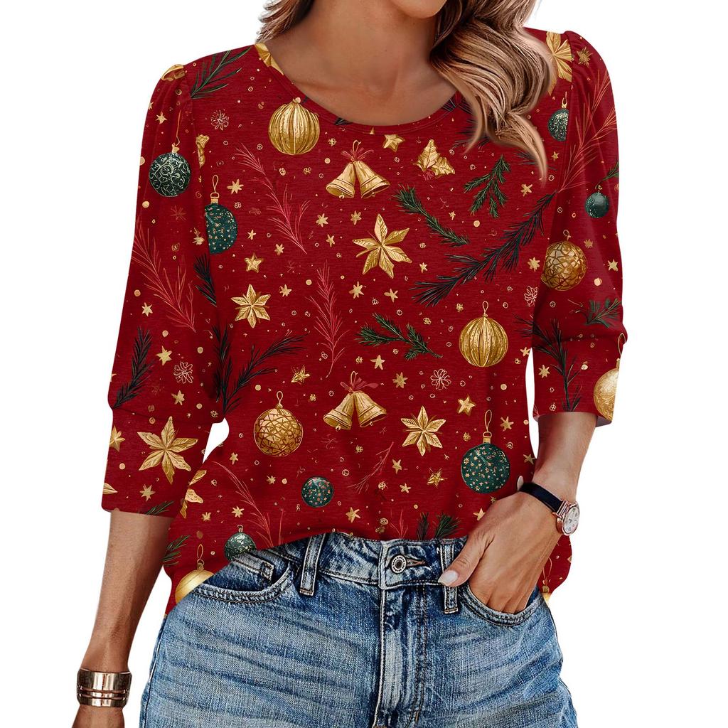 Women's Fashion Casual 3/4 Christmas Print Color Shirt Women's Round Neck Tops
