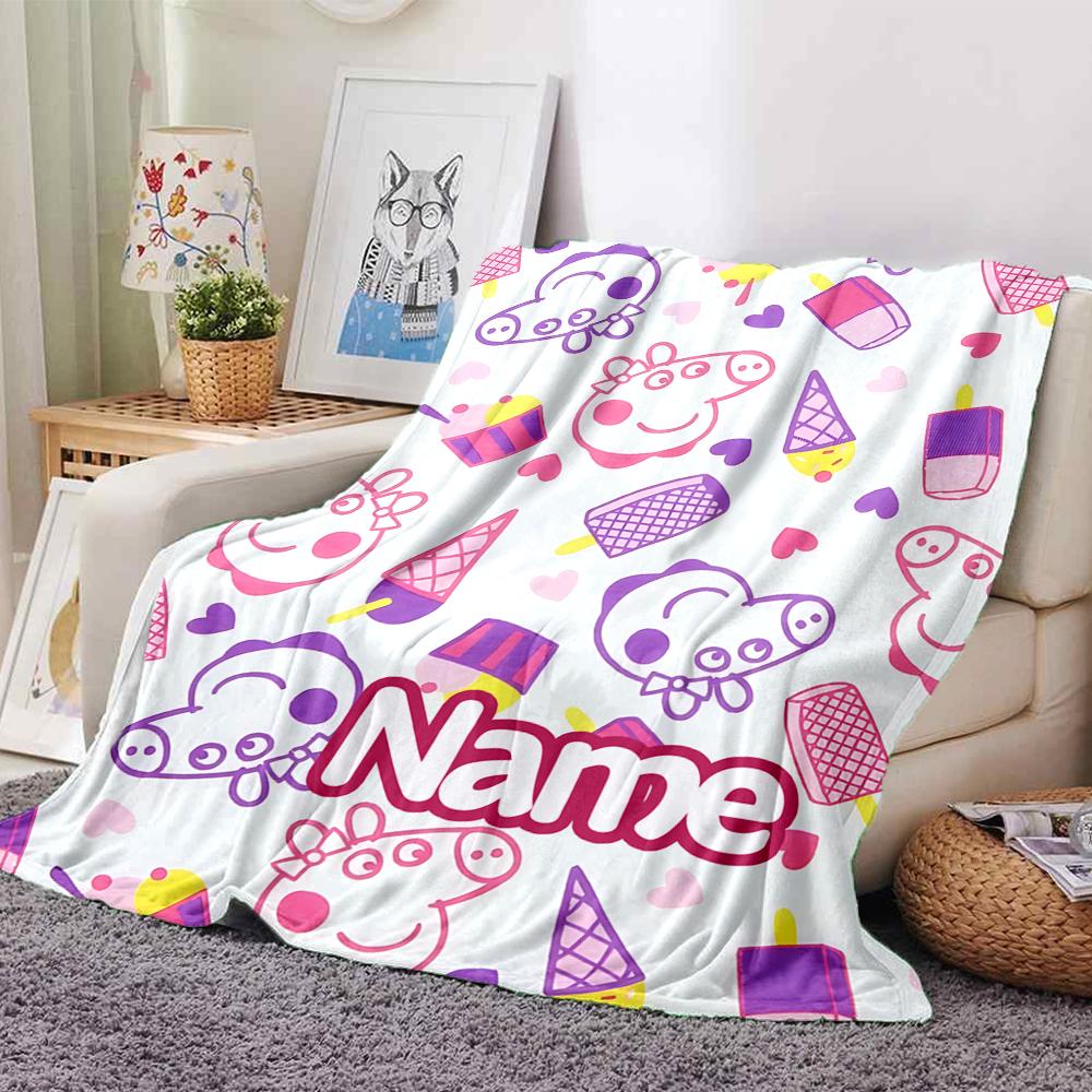 Custom Name Peppa Pig Ice Cream Party Party Blanket For Couch Bed Plush Cozy Fuzzy Blanket Super Soft Warm Blankets For Fall And Winter 0916106