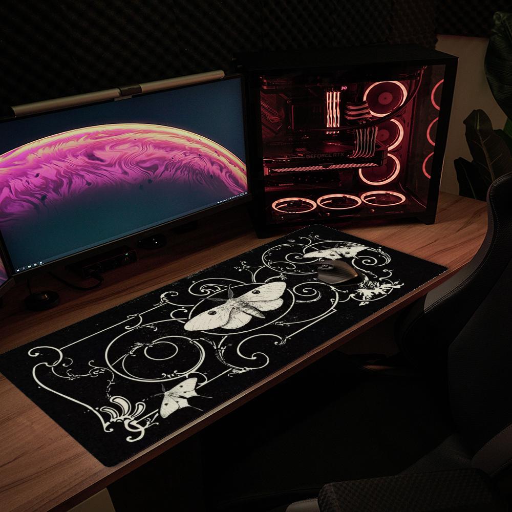 Gaming Mouse Pad Black White Gothic Butterfly Moth Pattern Deskmat Non-Slip Rubber Keyboard Mat Grunge XXL Desktop Table Mat