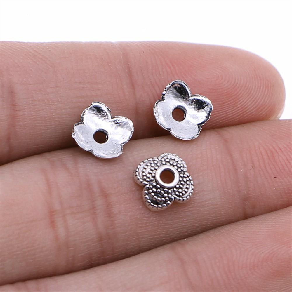 50pcs Tibetan Antique Silver Color Flower Bead End Caps For Jewelry Making Findings Needlework DIY Accessories Wholesale