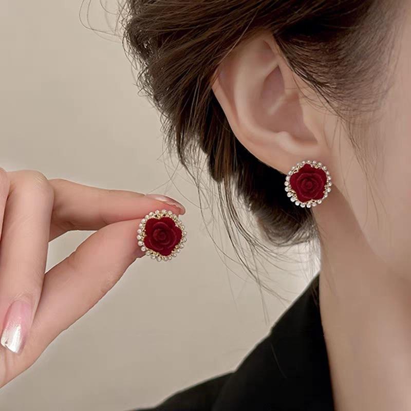 Ankola Flocking Red Flower Bead Stud Earrings Fashionable Sweet Exquisite Earrings Women's New Popular Versatile Earrings