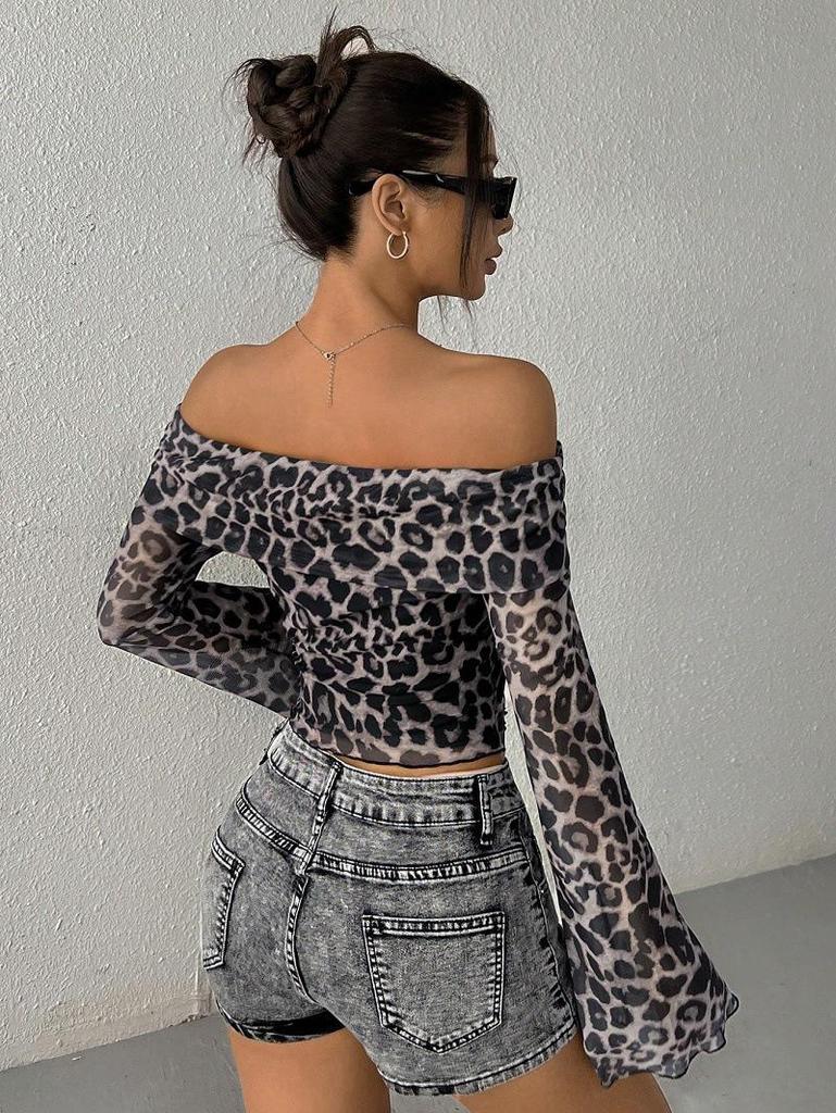 2025 Sexy Semi-Sheer One-Shoulder Leopard Print Top for Women - Spring & Autumn Fashion