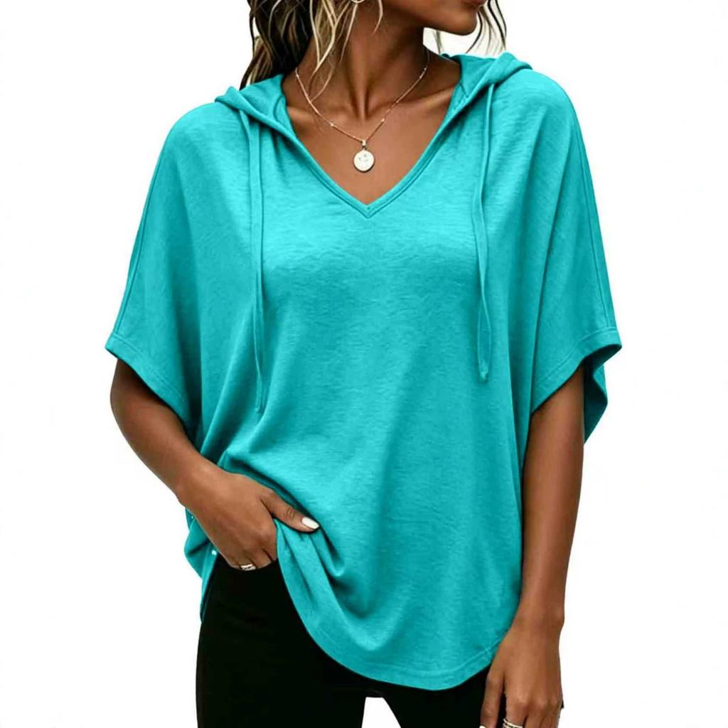 Women's Casual Loose-Fit Hooded V-Neck T-Shirt with Dolman Sleeves