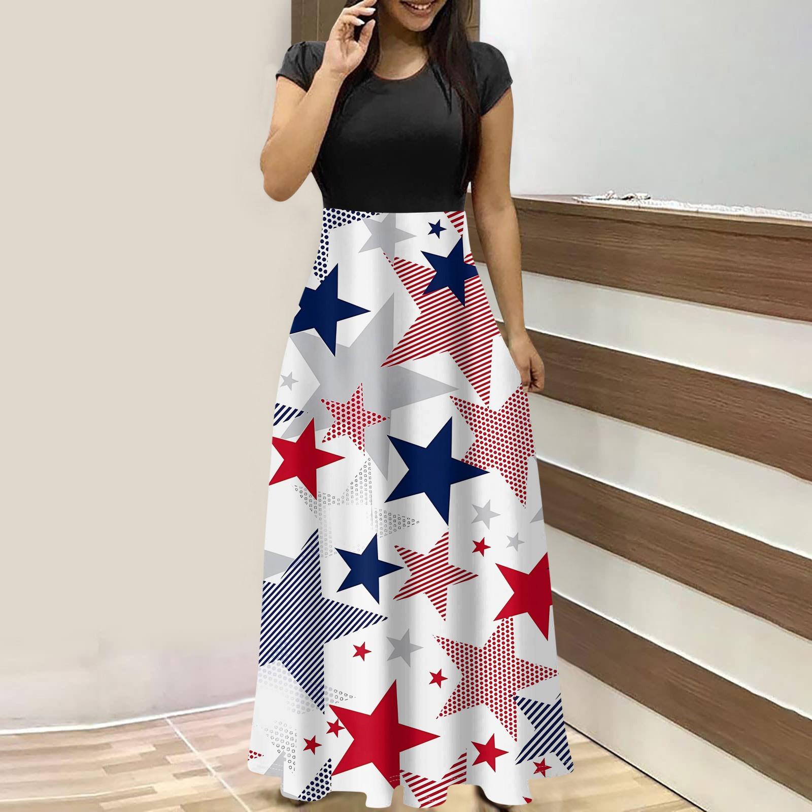 

Женское модное повседневное платье макси с круглым вырезом и короткими рукавами с принтом XL