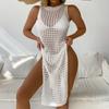 Women's Holiday Sexy Solid Colour Round Neck Sleeveless Breathable Knitted Long High Split Dress Beach Sunscreen Cover-ups