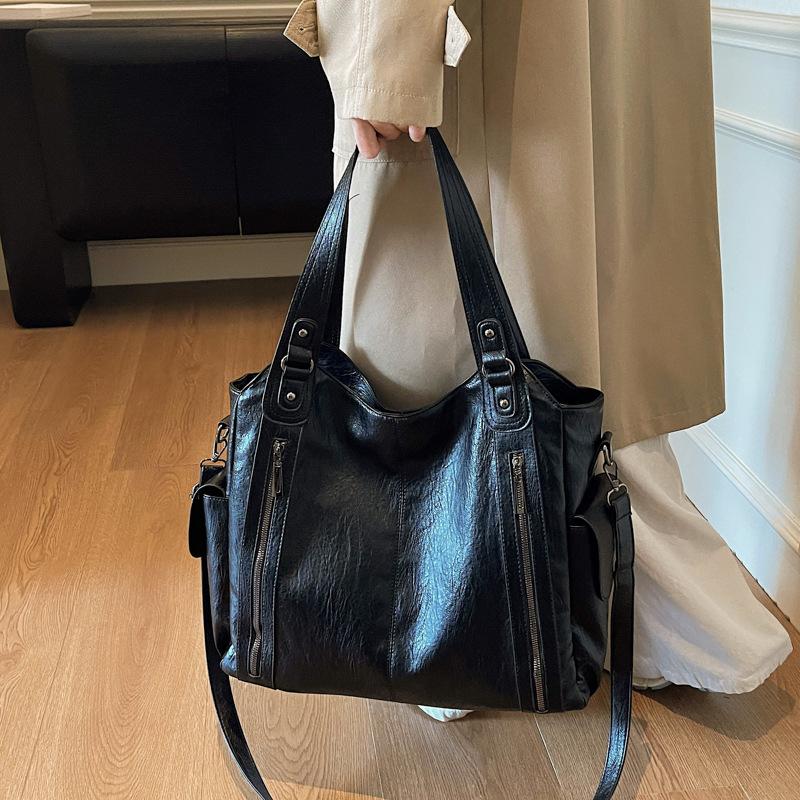 Faux Leather Tote Bag with Dual Zipper Pockets Adjustable Shoulder Strap Women's Everyday Fashion Handbag