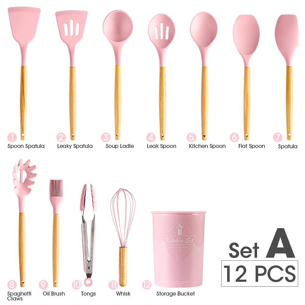 12Pcs Silicone Cooking Sets Spatula Shovel Soup Spoon Tongs Turner Cookware Wooden Handle Heat-Resistant Baking Utensils Set