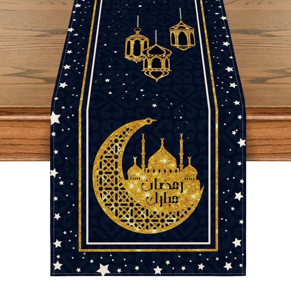 Thickened Ramadan Table Runner Vintage Decorative Dining Table Flag Castle Lantern Pattern Table Cover Islamic Party Decor