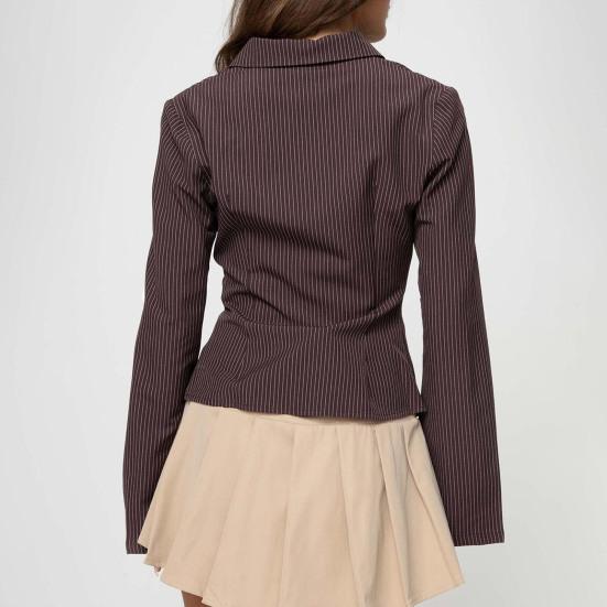 Women Shirt Lapel Long Sleeve Striped Print Shirt Buttons Placket Slim Fit Versatile Tops Daily Wear