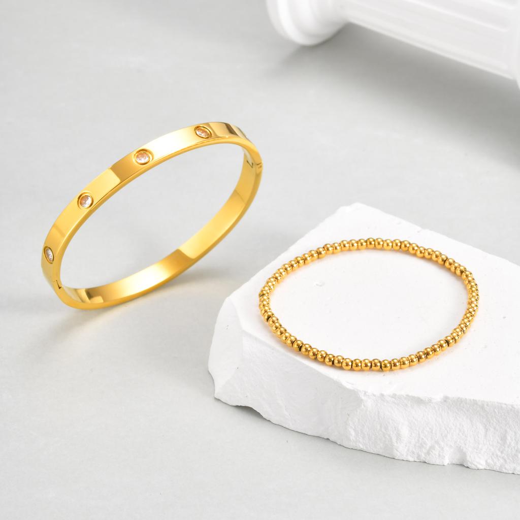 Fashion Stackable Stainless Steel Beads Bracelet for Women, Cubic Zircon Gold Plated Bangle, Waterproof Light Luxury Jewelry