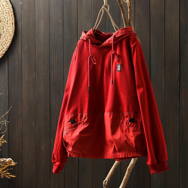 Women's Oversized Color Block Patchwork Hooded Sweatshirt with Double Pockets