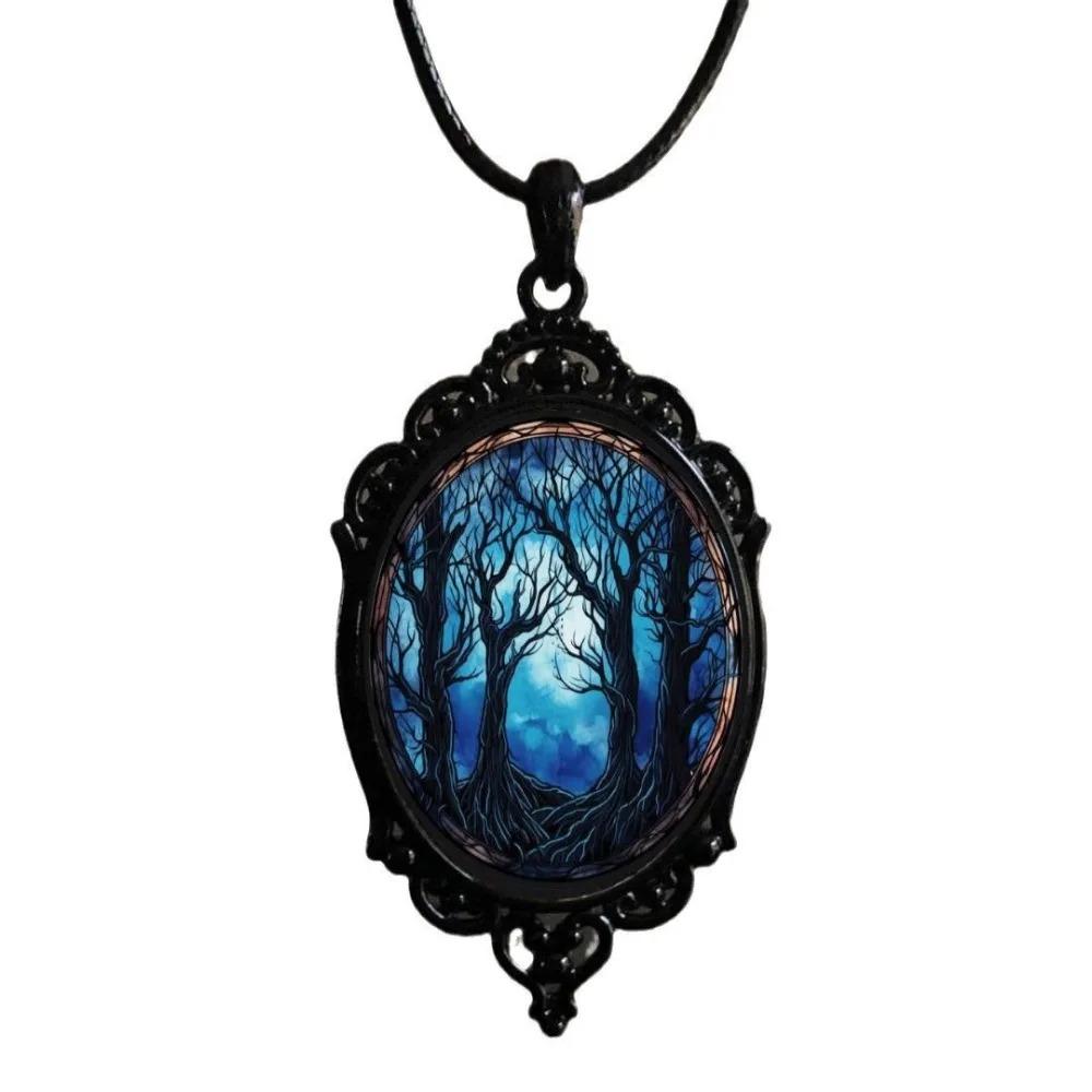 Retro Fashion Oval Crystal Blue Life Tree Pendant Necklace Black Leather Rope Chain for Women Men Hallowmas Amulet Jewelry Gifts