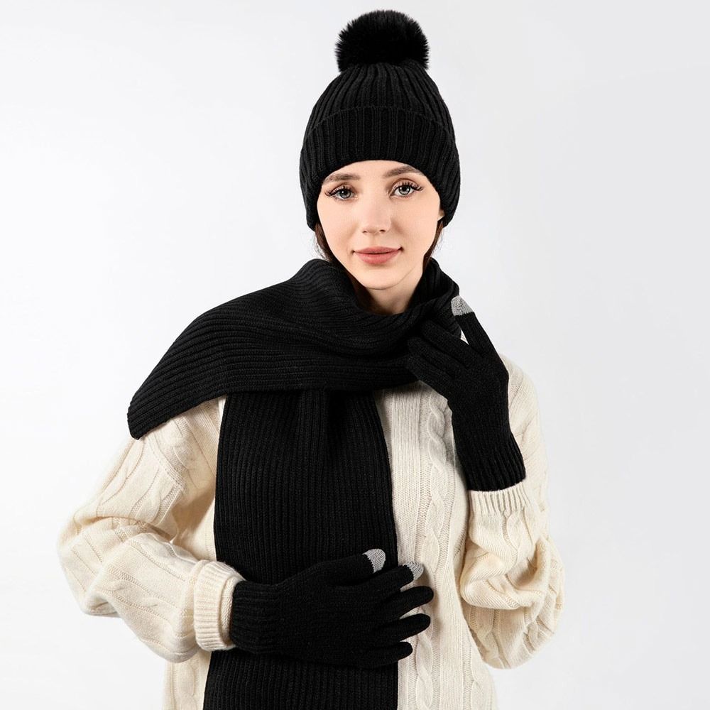 3Pcs/Set Warm Knitted Hat Soft Touchscreen Gloves Gift Beanie Cap Scarf  for Men Women