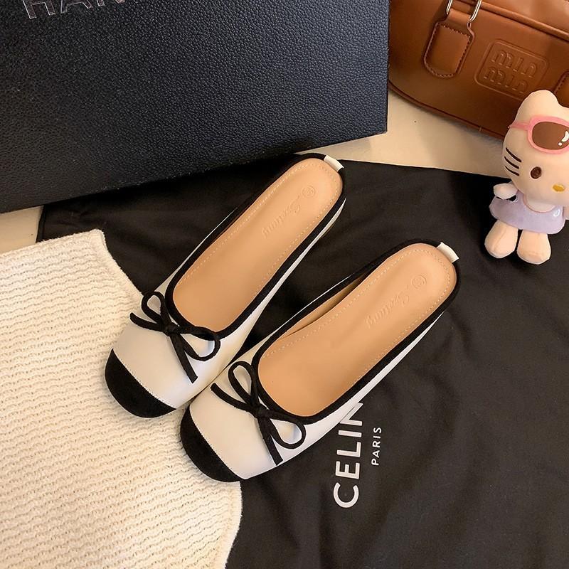 Sheepskin Height 5cm Semi-drag Bow Ballet Shoes Small Satin Background Empty One-length Strap Sandals