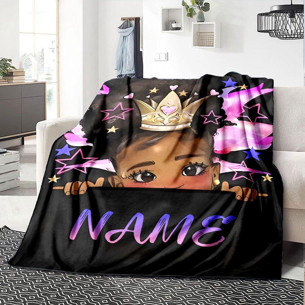 Princess Peek With Crown And Stars Gift Personalized Blanket Customize Your Name Soft Warm Cozy For Sofa Couch Office Bed Picnics Allseason Use