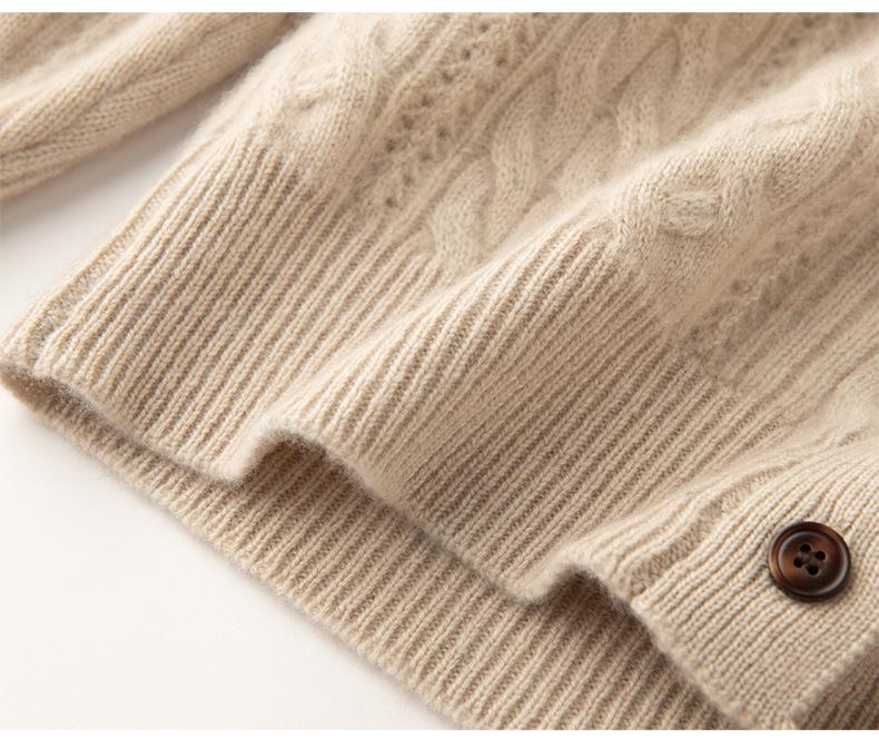 Women's Thickened Hollow-Out Cashmere Cardigan, Round Neck, Button-Up, Long Sleeve Wool Outerwear with Drop Shoulders.