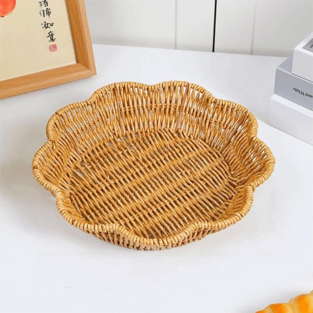 Flower Shape Imitation Rattan Basket Handwoven Woven Bread Plate Fruit  Serving Tray  Dining Table