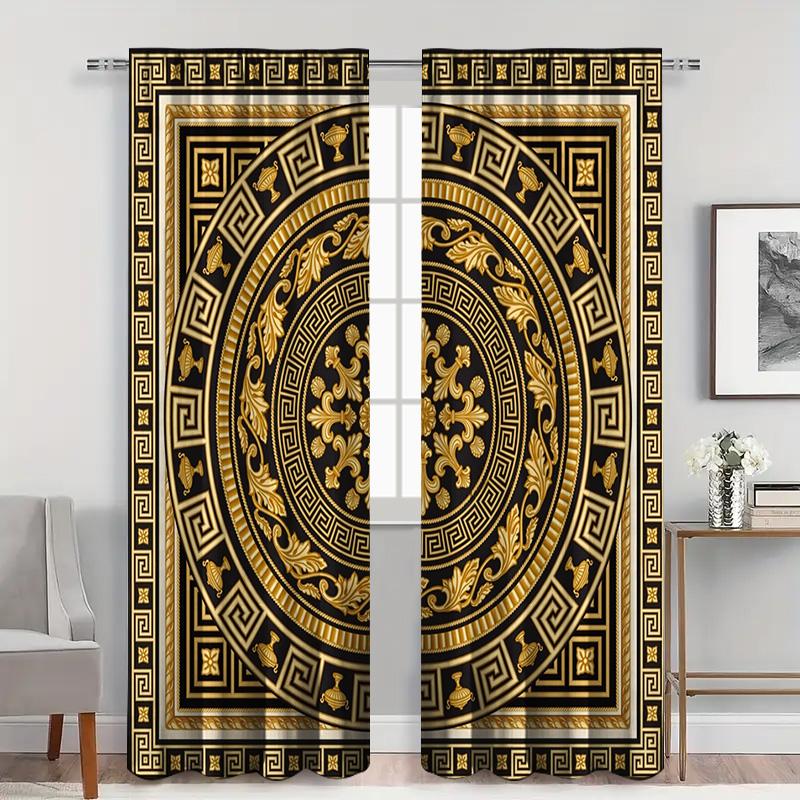 2PC Black Gold Greek Curtains, Elegant Thermal Drapes for Living Room & Bedroom, Luxury Window Panels Home Decor