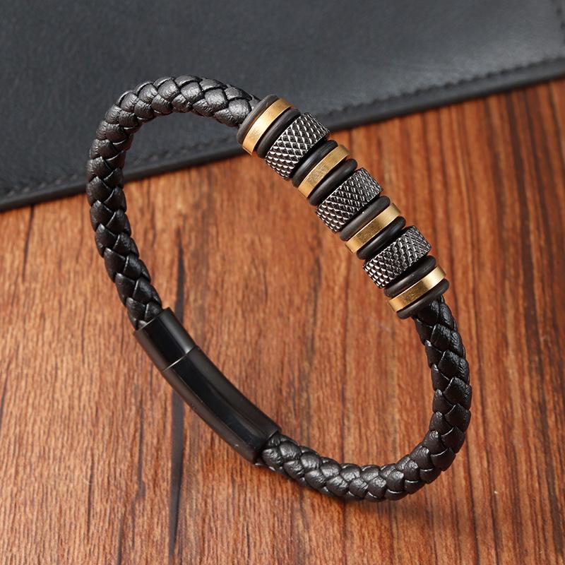 

New Style Male Bracelet with Stainless Steel Beads Punk Braided Leather Bracelets Jewelry for Men 2026 Surprise Gift 21cm