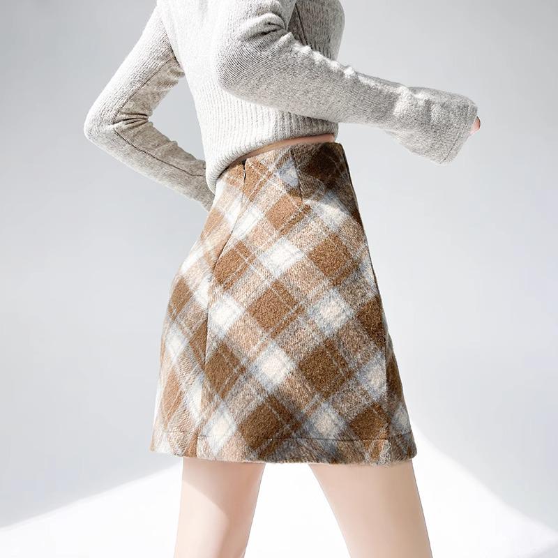 

Женская миди-юбка А-силуэта из шерстяной ткани в клетку с завышенной талией: Ретро облегающая юбка на осень/зиму 2024 XL