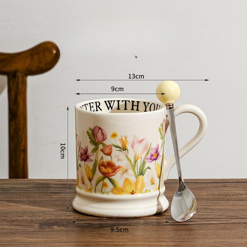 Taza Retro Original Hogar Cerámica Taza de Agua Oficina Gran Capacidad Creativa Taza de Pareja Floral Souvenir