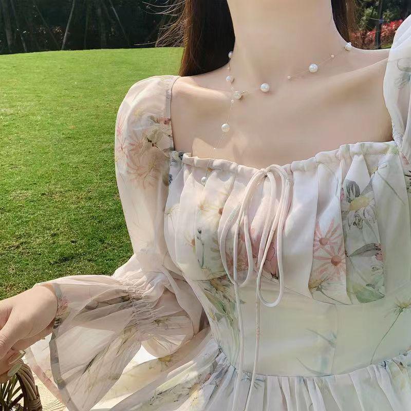 2025 Floral Chiffon Tea Dress: Sweet Long Sleeve French Princess Style