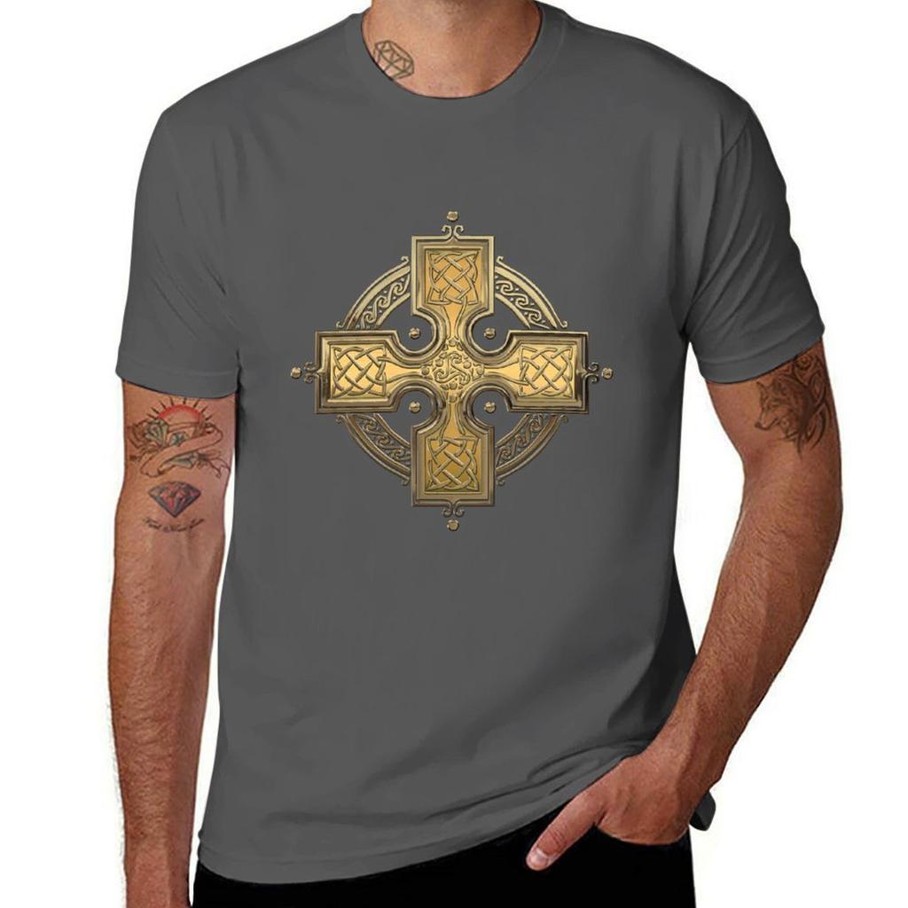 Ancient Gold Celtic Knot Cross over White Leather TShirt Work Duty Casual TShirt