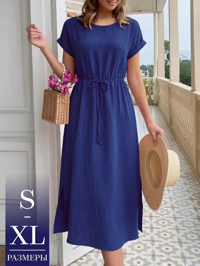 women's crinkle textured round neck drawstring waist short sleeve side split midi sundress summer casual beach dress