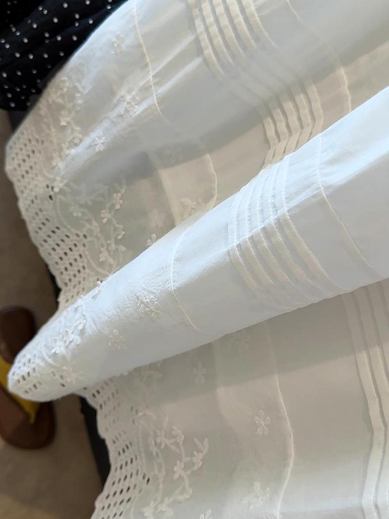 French White Embroidered Lace Mid-Length Umbrella Skirt for Women