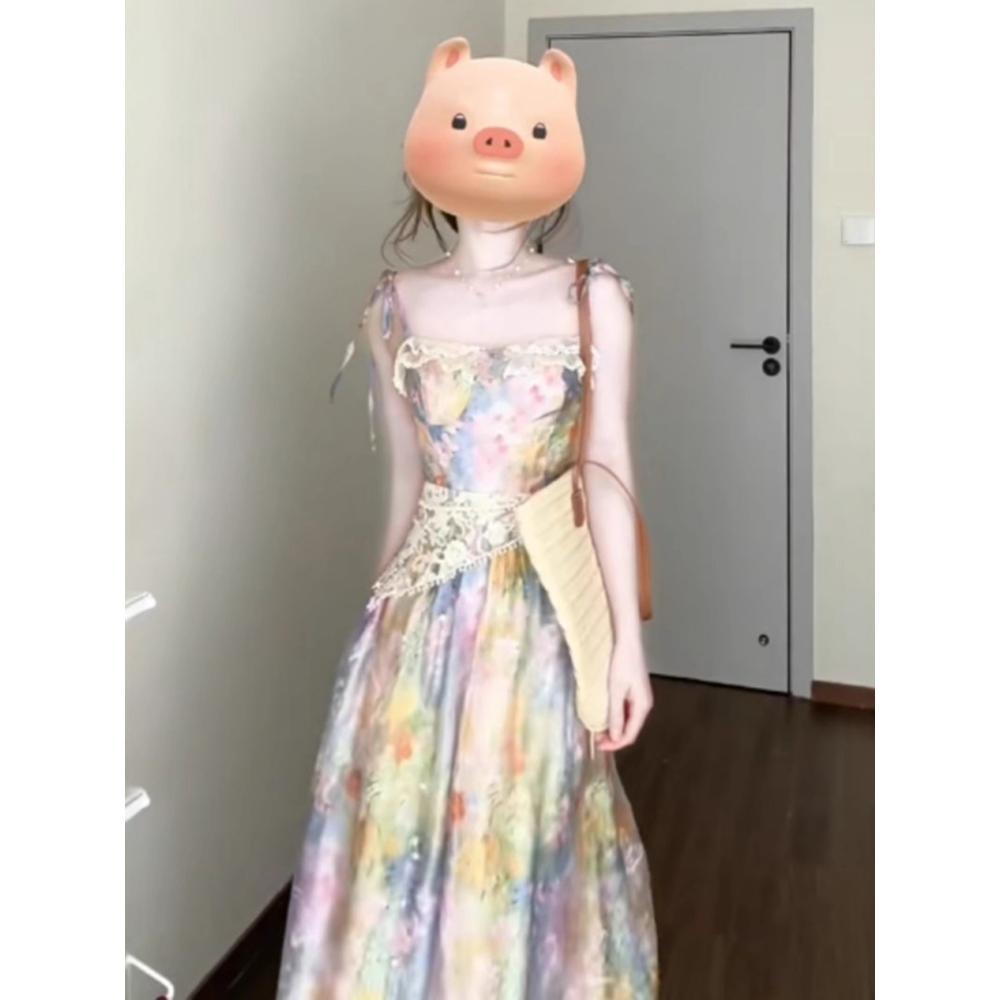 

Морской отдых нежный ветер цветочный мазок платье на бретелях красивое уникальное талия темперамент длинное платье лето XL- (recommended 110-60kg)