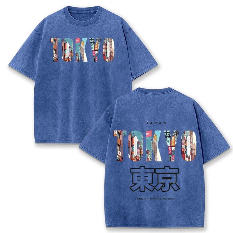Retro Tokyo Cityscape T Shirt Men Women Casual Washed Cotton Short Sleeve Top S разноцветный