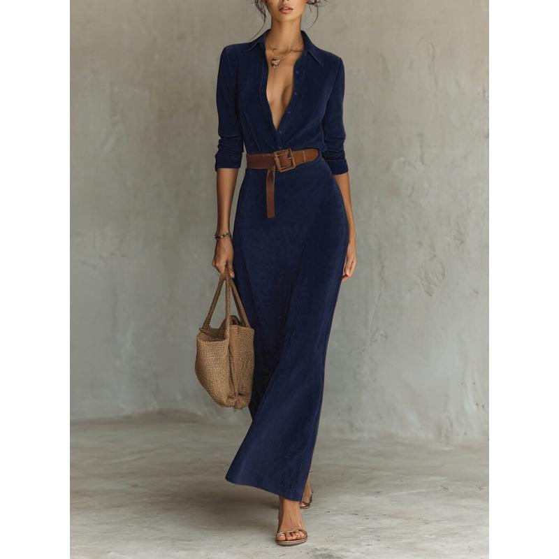 Rochie Fitted cu Guler Lung de Cămașă și Talie Marcată din Piele Suede pentru Femei