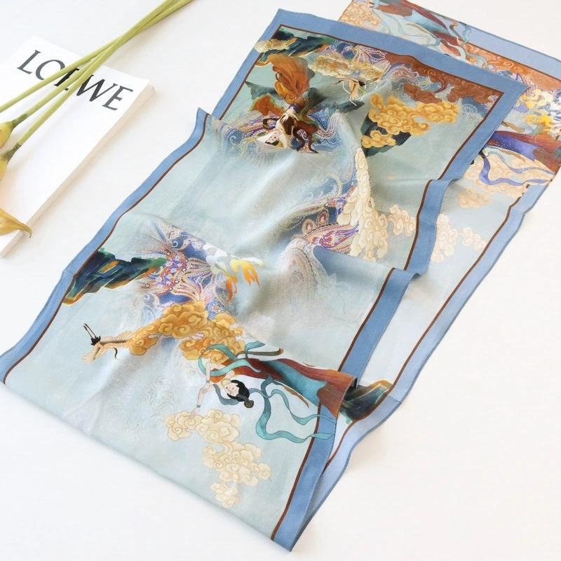 Chinese Style Fairy Dunhuang 100% Pure Silk Scarf for Women INS Luxury Hangzhou Long Silk Scarf 140x35cm