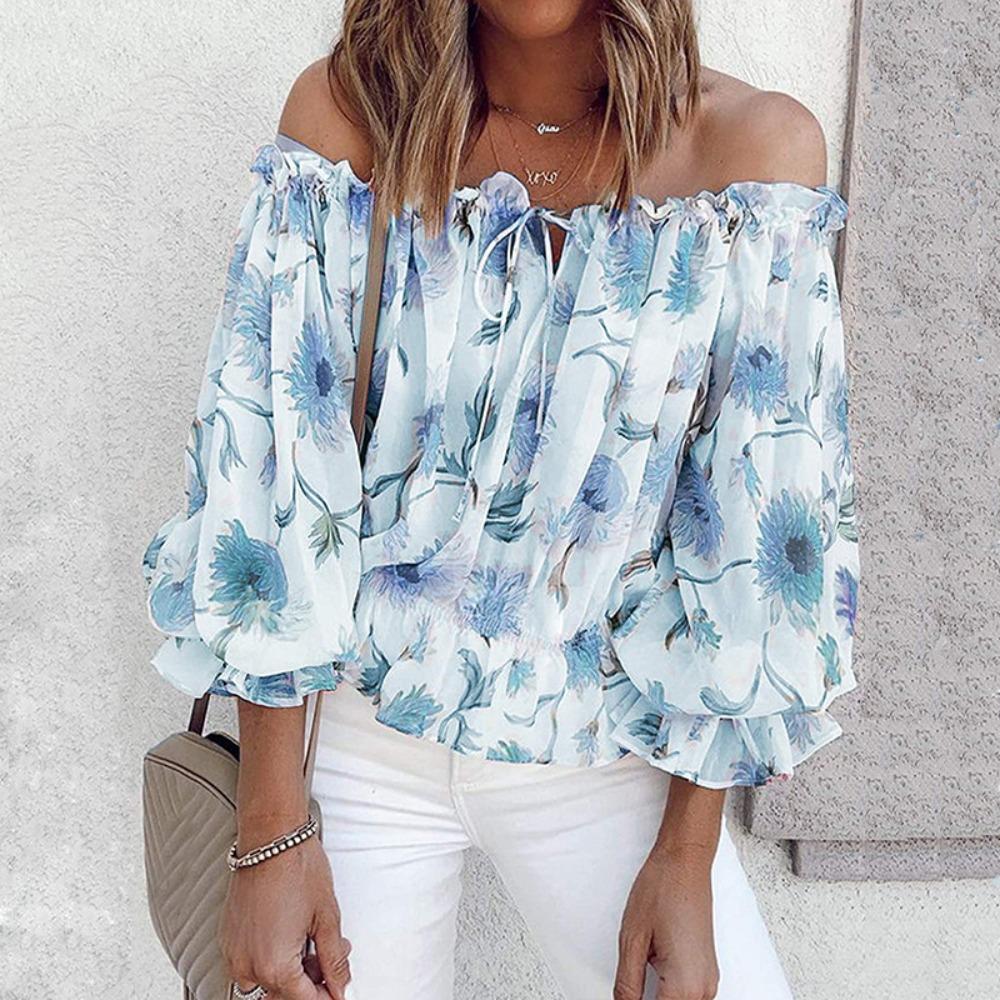 Blusa de Gasa de Verano con un Hombro Elástico, Top Ligero Semitransparente con Estampado Aleatorio, Top Suelto de Manga Farol para Mujer